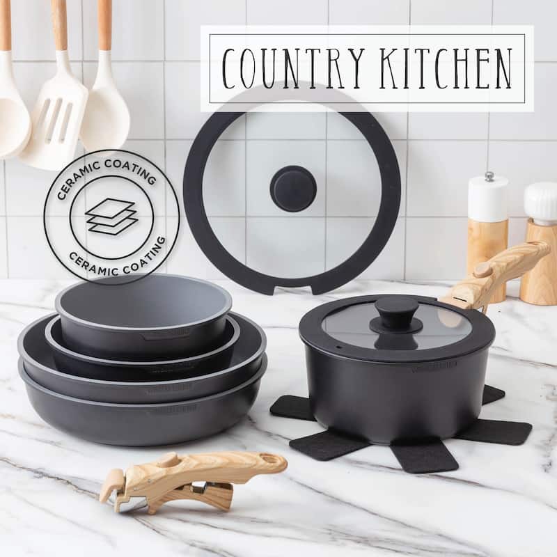 Country Kitchen 16 Piece RV Cookware Set Ceramic with Removable Handle Oven Safe.