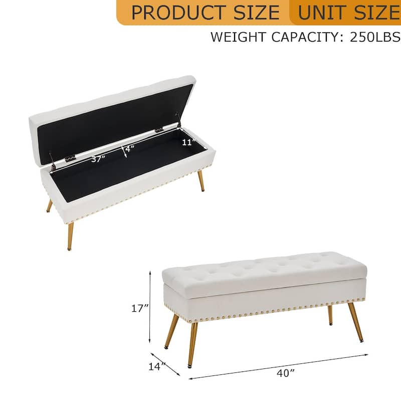 Velvet Storage Ottoman Bench with gold legs and Nailhead Trim for Bedroom/End of Bed/Entryway/Window