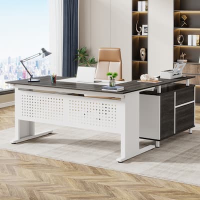 63-Inch L Shaped Executive Desk with File Cabinet, Large Computer Desk with Drawer and Shelves for Home Office