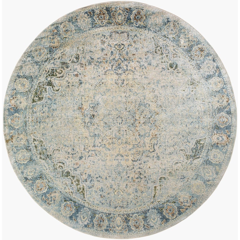 Livabliss Lillian Machine Washable Faded Classic Area Rug - Dark Green/Dark Blue - 6'7" x 6'7" Round