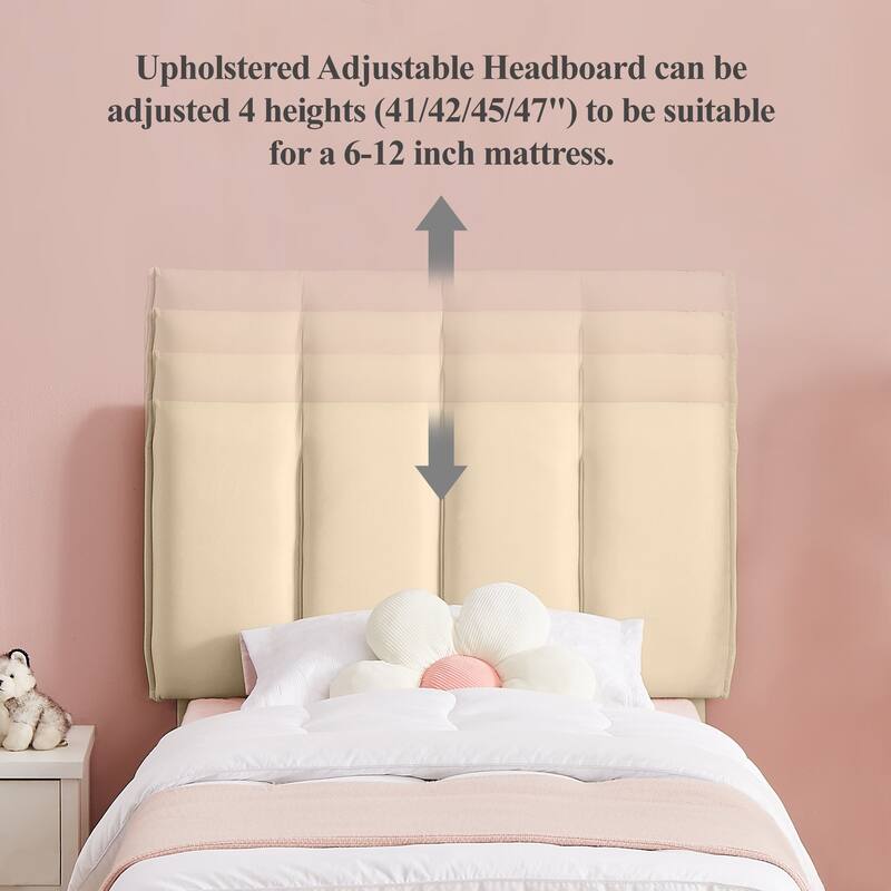 Upholstered Velvet Upholstered Bed Frame with Adjustable Height Headboard No Box Spring Needed Platform Bed Under Bed Storage