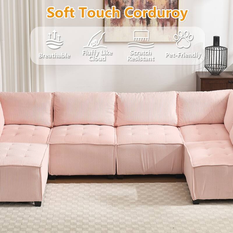 Ergonomic Lounge Modular Couch Corduroy Sectional Sofa with Deep Seat Ottoman Chaise and High-Rebound Thick Cushions