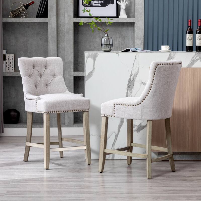 Carter 24" Linen Fabric Tufted Upholstered Counter Stool (Set of 2) - N/A