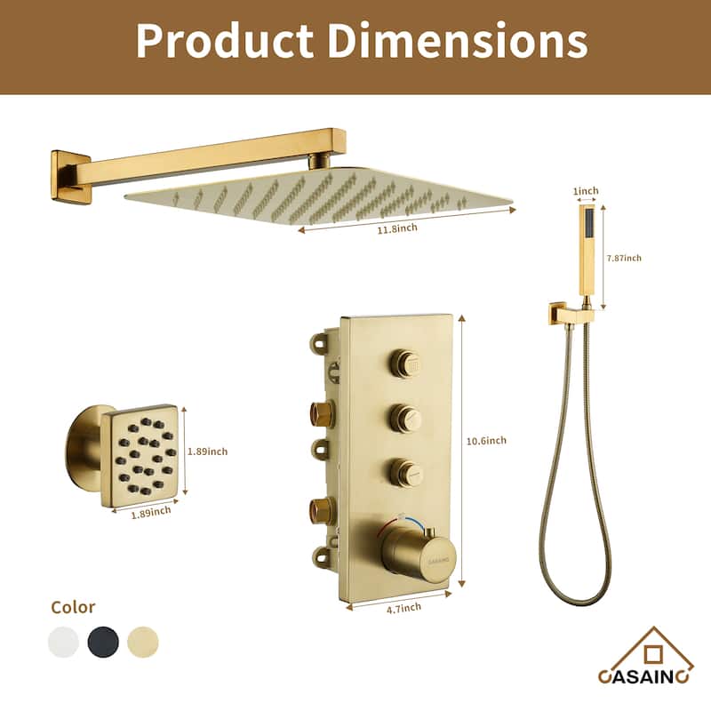 Luxury Thermostatic Shower System 1-Spray Patterns Wall Mount Fixed Shower Head and Handheld Spray with 6 Body Jets - 12" x 12"