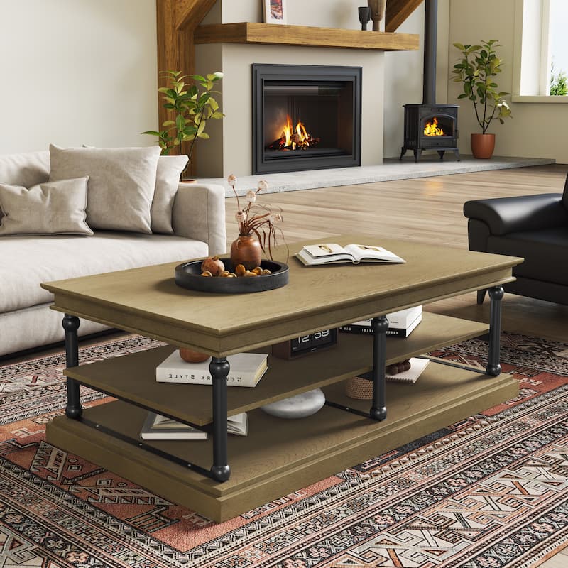 55.1" Wood Coffee Table with Black Legs, 2 Open Storage Shelves, Modern Living Room Table