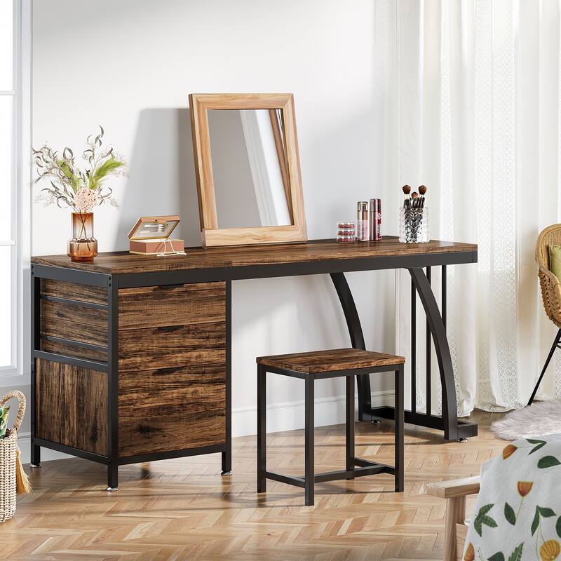 Vanity Desk with 3 Drawers, 59-Inch Large Dressing Table with Reversible Drawers, Chic Makeup Desk for Women Girls