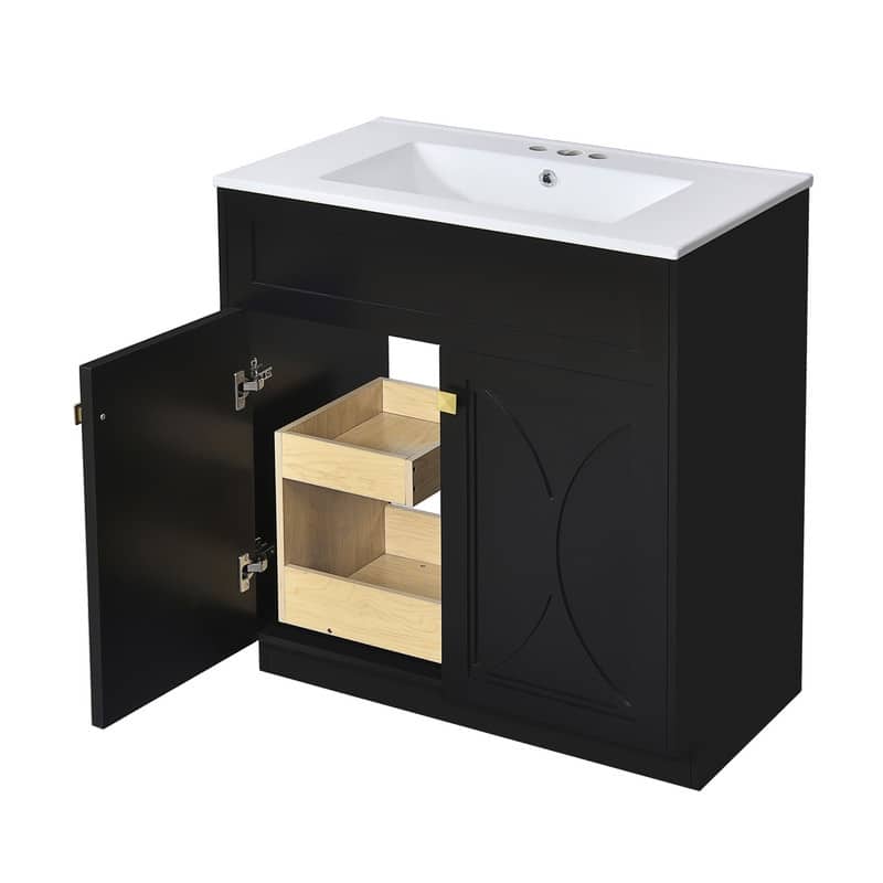 30'' Bathroom Vanity with Ceramic Sink Combo, Modern Freestanding Storage Cabinet with Gold Handles, Soft Closing Doors