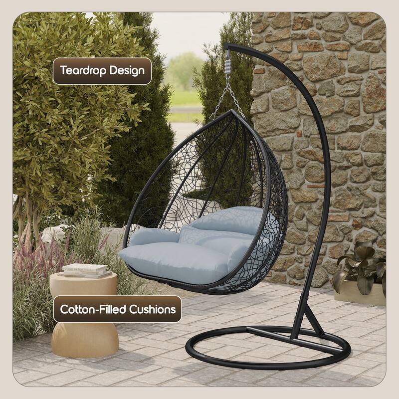 2-Person Outdoor Hanging Egg Chair with Teardrop Frame, Weather-Resistant Cotton Cushioned Seat for Patio and Indoor Use