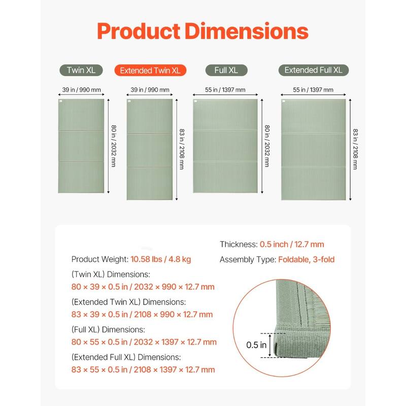 Tatami Mattress Twin XL Foldable Japanese Floor Mat with Non-Slip Backing - 83 x 39 x 0.5 in