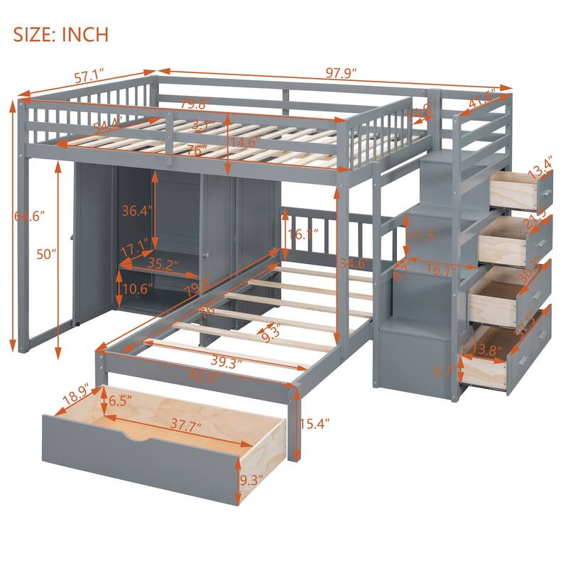 Full Over Twin Bunk Bed with Wardrobe for Bedroom, Drawers