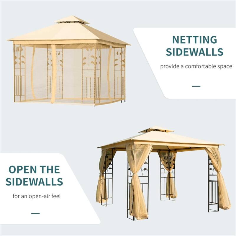 Beige Outdoor Gazebo with Powder-Coated Steel Frame Polyester Canopy and Mesh Sidewalls for Garden Patio