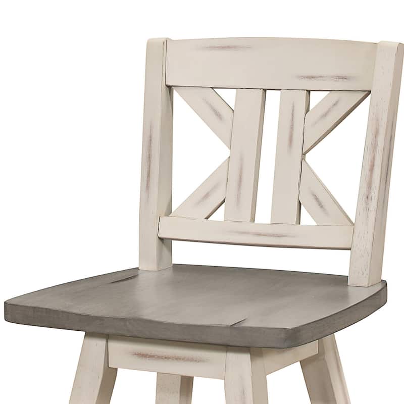 Set of 2 Swivel Bar Stools, 29 Inch Height with Divided X Back Design in Gray & White