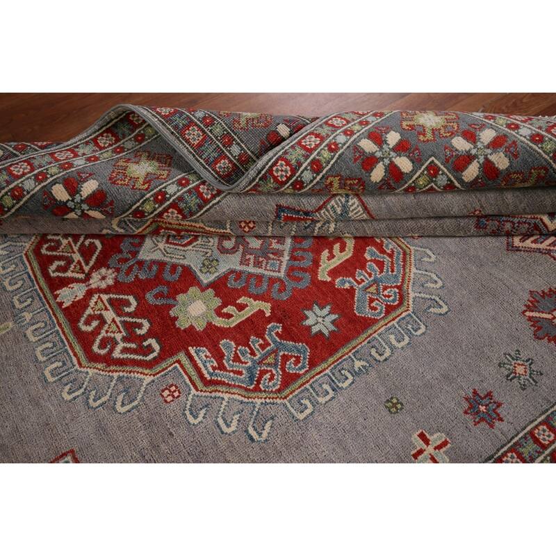 Traditional Kazak Oriental Area Rug Handmade Grey Wool Carpet - 5'7" x 7'11"