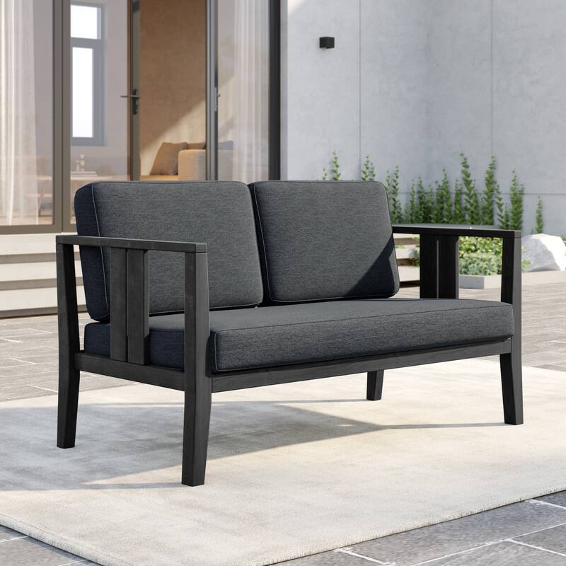 Outdoor Teak Solid Wood Patio Furniture Set Loveseat Armchair Table Collection - Loveseat - Blackframe-Darkgrey