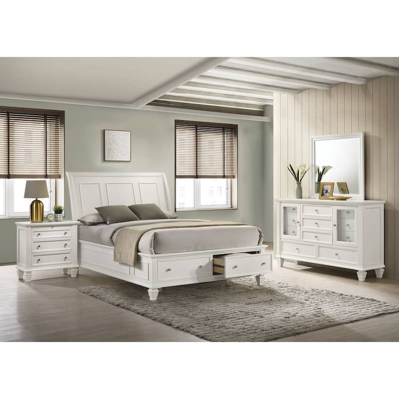 Sandy Beach Storage Bed 4-Piece Bedroom Set with Sleigh Headboard - Cream White - Queen