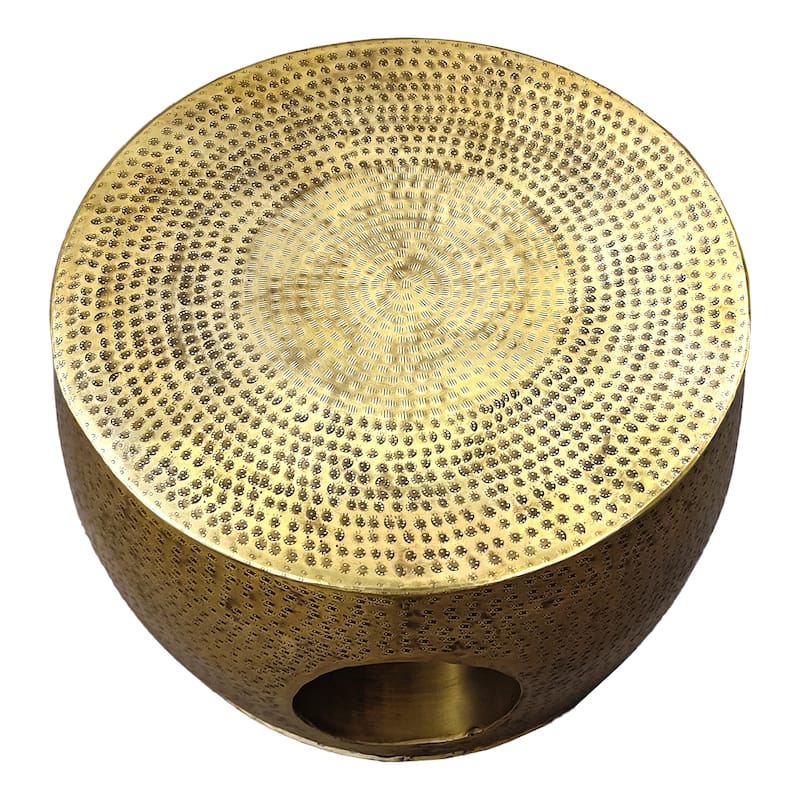 Nala 23 Inch Coffee Table, Low Round Drum Shape with Unique Hollow Center, Antique Brass Aluminum