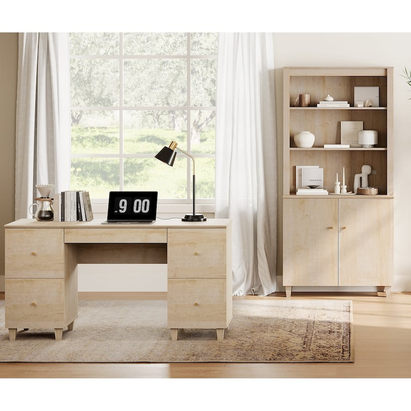 WAMPAT Home Office Furniture Set, 58" Executive Desk with Drawers, 71" Tall Bookcase with Doors and Adjustable Shelves