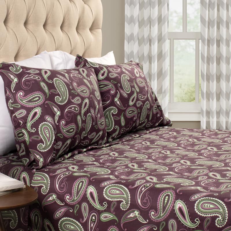 Superior Cotton Flannel Paisley Bed Sheet Set - Purple - California King