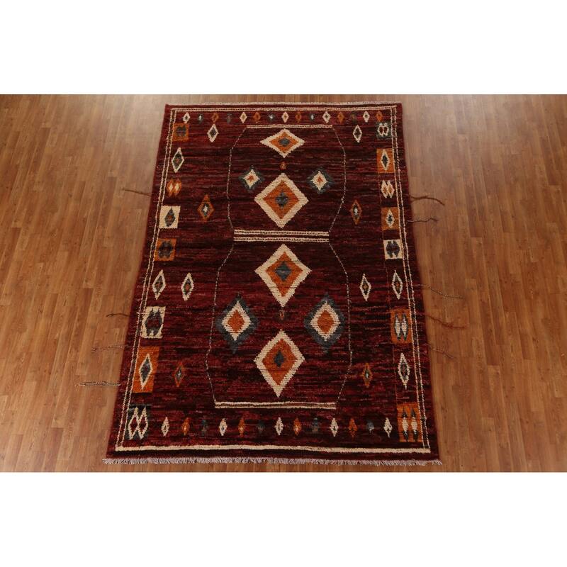 Hand Knotted Oriental 100% Wool Carpet Modern Tribal Red Moroccan Area Rug - 9' 7'' X 6' 10''