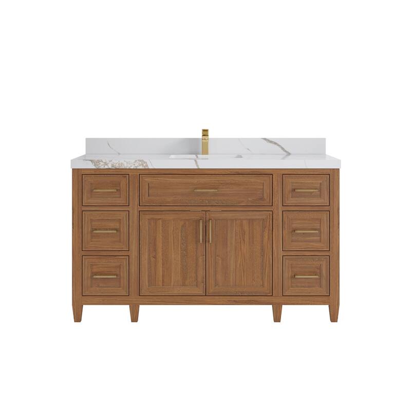 Willow Collections 60 in. W x 22 in. D Santa Monica Teak Single Sink Bathroom Vanity with Countertop - 2”Calacatta Gold - Dark Natural