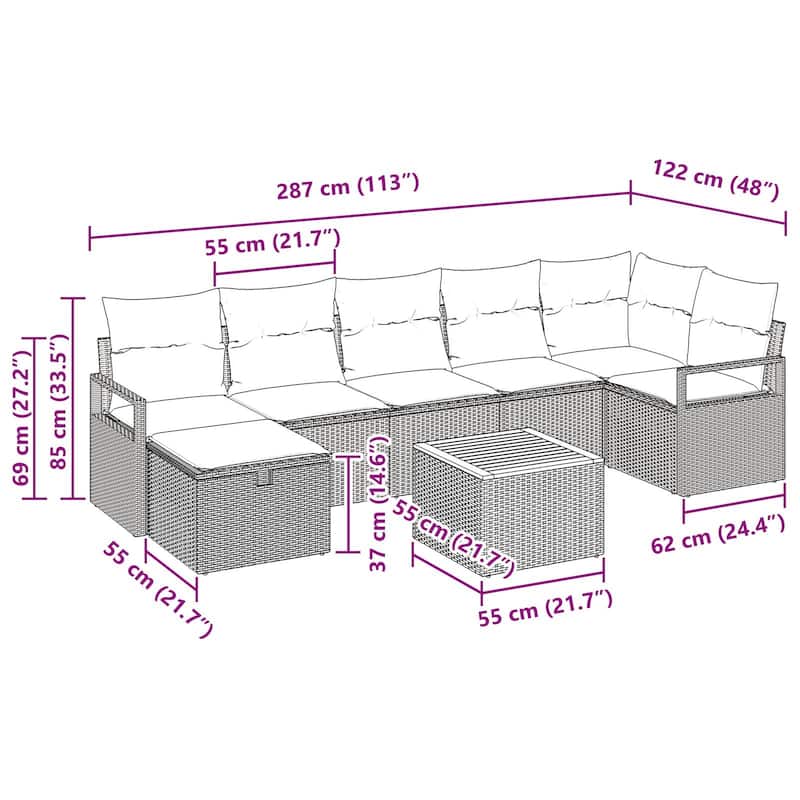 vidaXL 8 Garden Sofa Set with Cushions Black/Grey Poly Rattan - 113 x 48 x 27.2