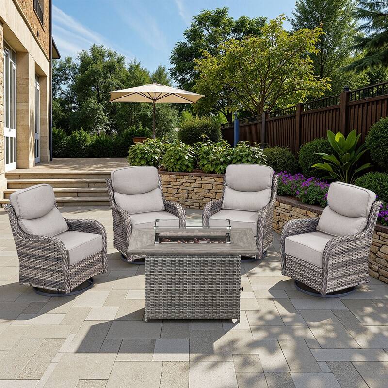 Arcadia 5-Piece Patio Conversation Set with 4 Swivel Glider Chairs and Wicker Fire Pit - Beige Cushions - Gray Wicker