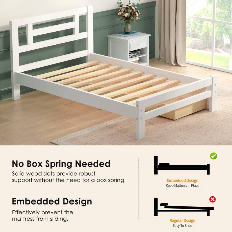 Twin Size Bed Frame Wood Platform Bed Frame with Headboard and 2 Storage Drawers/Wooden Slat Support/No Box Spring Needed/White
