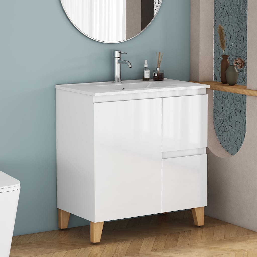 30" Wall-Mounted Bathroom Vanity With Ceramic Art Sink & 2-Soft-Close Door, KD-Packing, Plywood