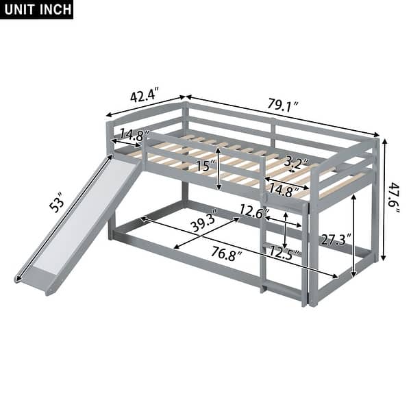 Gray Pine Wood Twin over Twin Bunk Bed with Convertible Slide - Bed ...