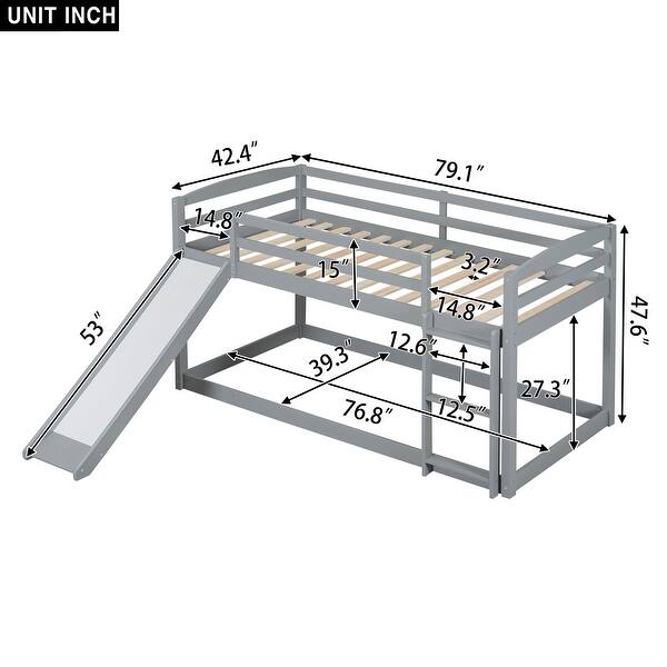 Gray Twin over Twin Low Bunk Bed with Convertible Slide and Ladder ...