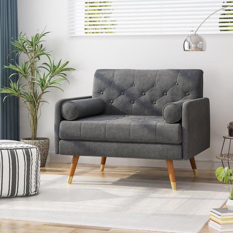 Dark Grey Modern 38.25" Upholstered Button Tufted Club Chair with Bolster Pillows and Rubber Wood Legs