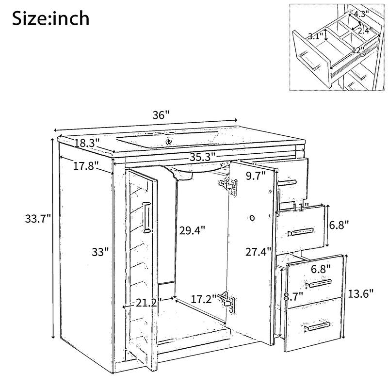 36'' Freestanding Bathroom Vanity with Sink, Solid Wood Frame, 3 Drawers