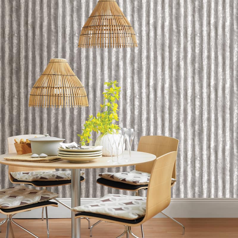 Solvang, Corrugated Metal Industrial Texture, 33 FT. L x 20.5In. W Wallpaper Roll - Silver
