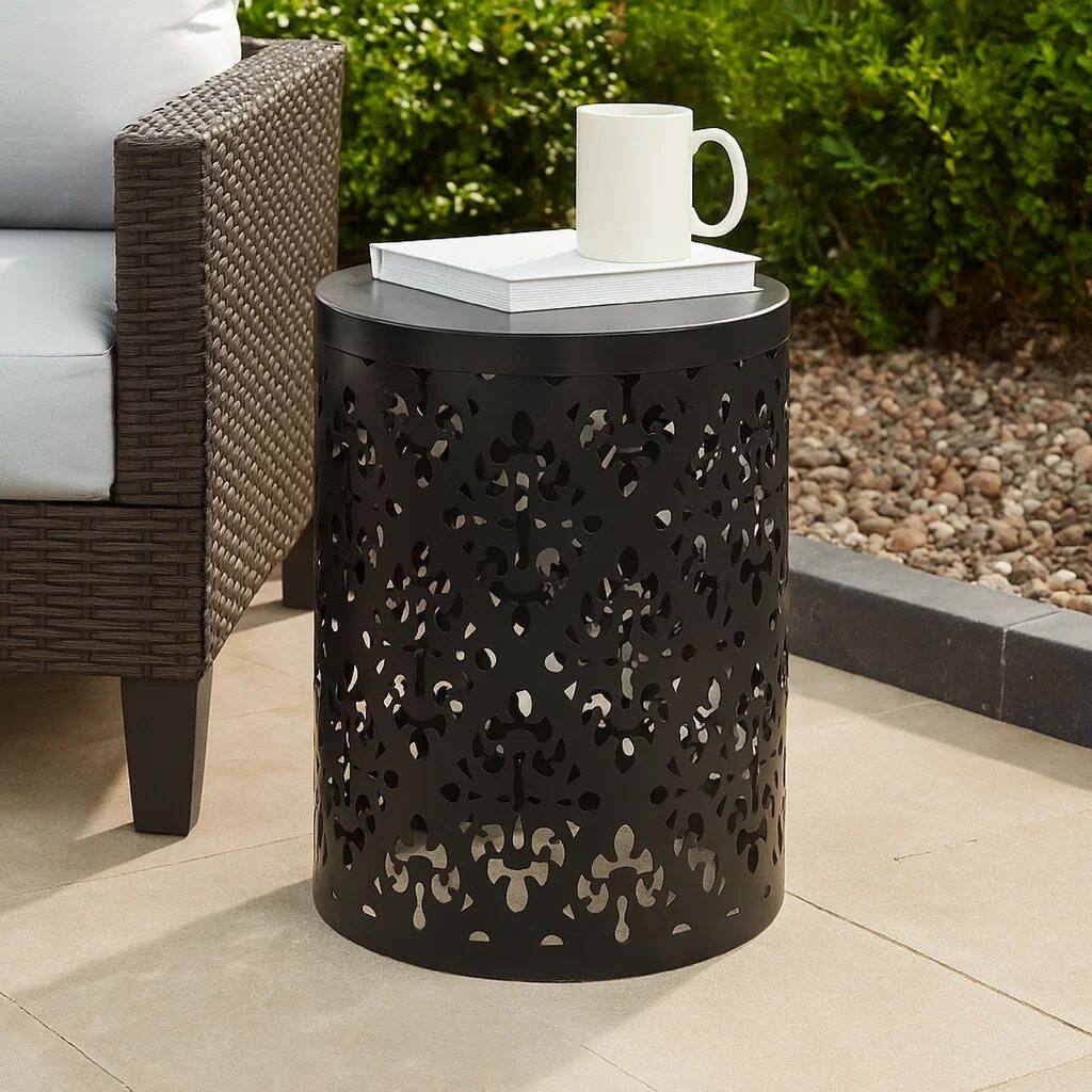Kemo Outdoor End Table, Round 14 Inch, Cutout Design, Black Iron Frame