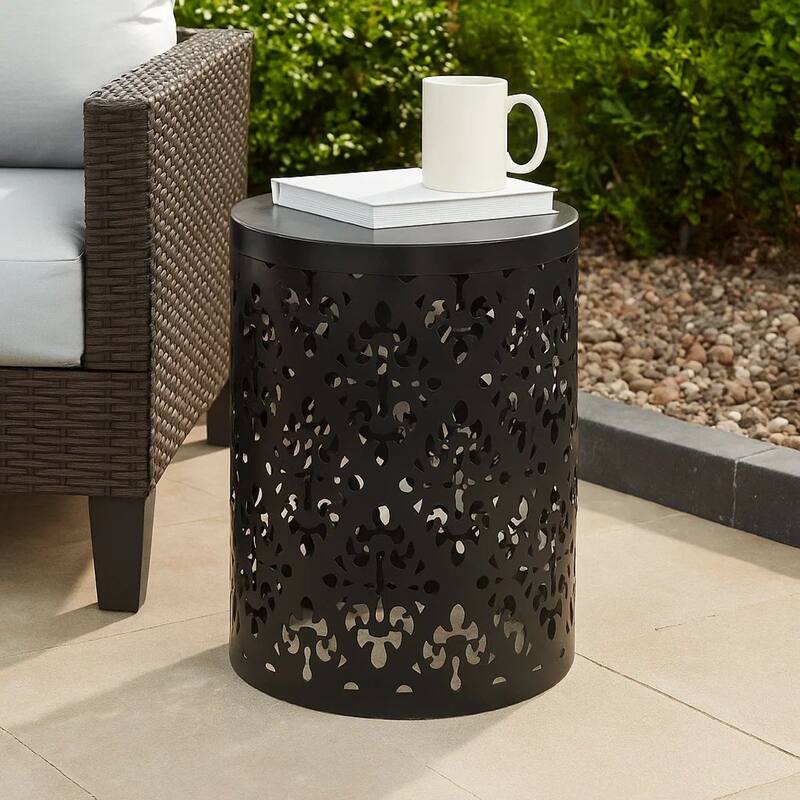 Kemo Outdoor End Table, Round 14 Inch, Cutout Design, Black Iron Frame