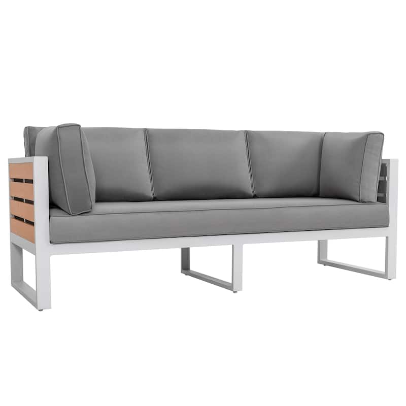 Outdoor Three-seat Sofa with Cushion and Pillows, Aluminum, Imitation Wood - Dark Grey