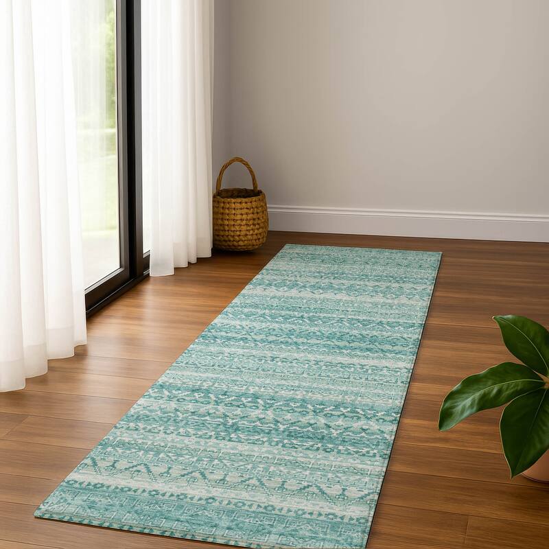 Premium Washable Super Soft Boho Stripes Mayfield Rug - Aqua - 2'3" x 7'6"