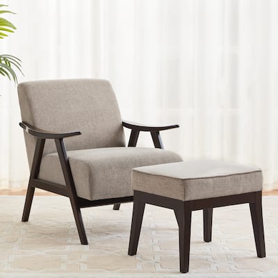 Upholstered Mid Century Accent Chair Footrest with Ottoman,Solid Wood Arm Chair