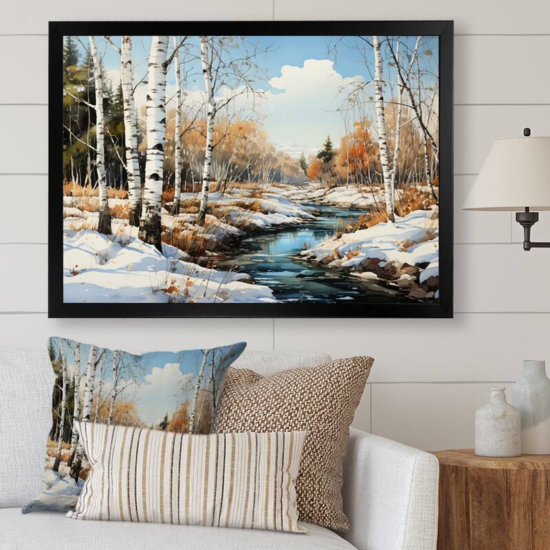 Designart "Birch Woods Winter Whispers III" Tree Birch Framed Wall Art Living Room - Black - 44 in. wide x 34 in. high