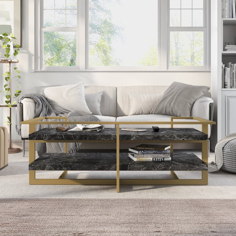 Lovell Glam Gold and Black 51-inch Faux Marble 1-Shelf Coffee Table by Furniture of America