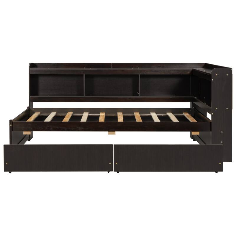 Twin Size Bookcass Bed w/ Power Outlets, USB Ports,2 Drawers,L-shaped