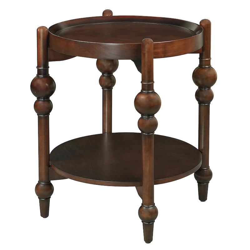 Mid-Century Modern Round Wood End Table, Solid Wood Side Table with Lower Shelf, Small Living Room Accent Table - Dark Brown
