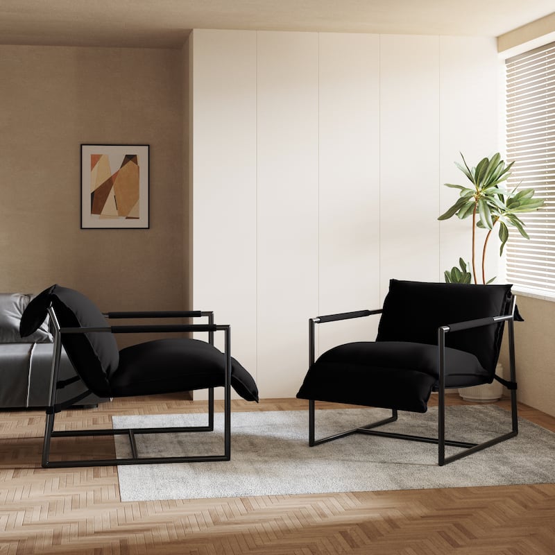 Mid-century Metal Sling Armchair with Lengthen Upholstered Set of 2