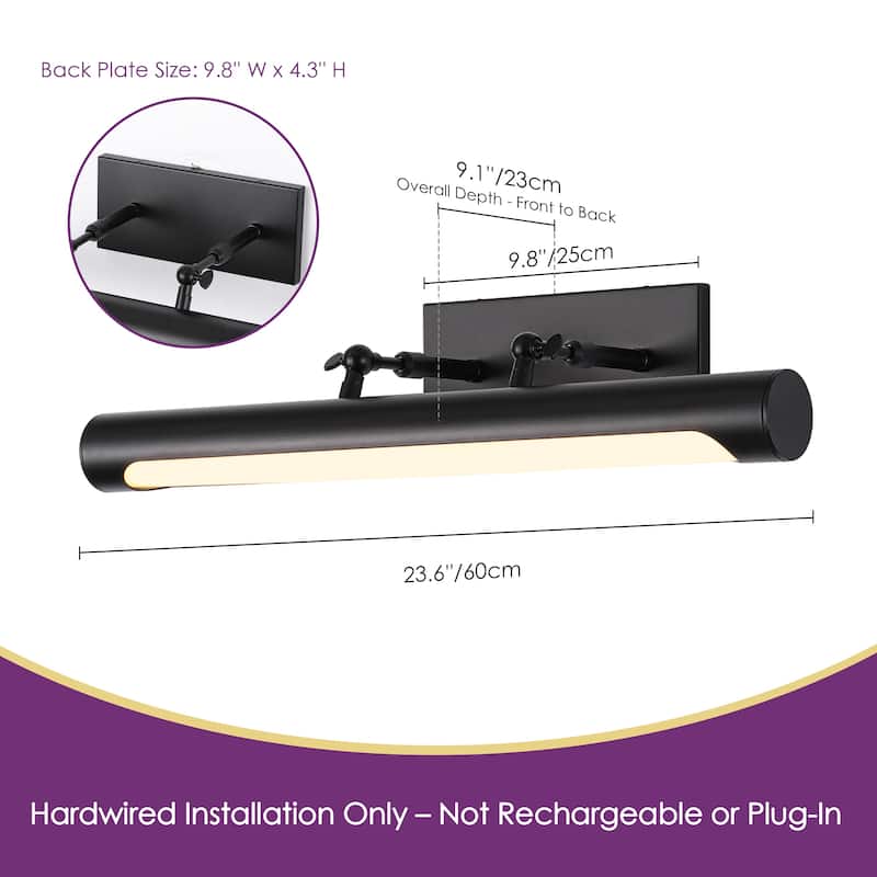 23.6" 1-Light Modern Gold/Black Adjustable Cylinder Wall Mounted LED Picture Light/Vanity Light for Bathroom, Bedroom