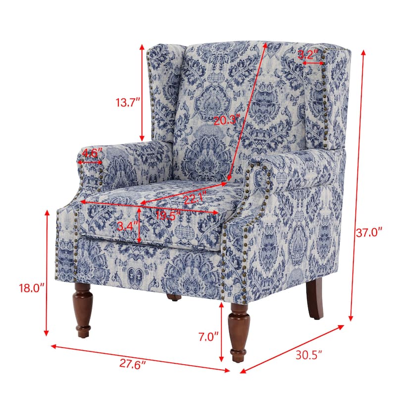 Traditional Floral Patterned Wingback Armchair with Nailhead Trim