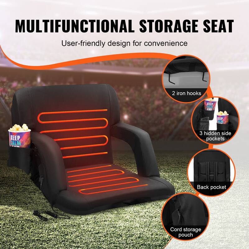Double Heated Stadium Seat with Back Support Ideal for Sport Event Beach Camping Concert - 22 inches