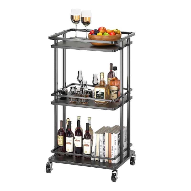 3-Tier Rolling Serving Bar Cart, Wood and Metal Kitchen Island Storage Cart with Wheels, Multifunction Utility Drink Cart - Black