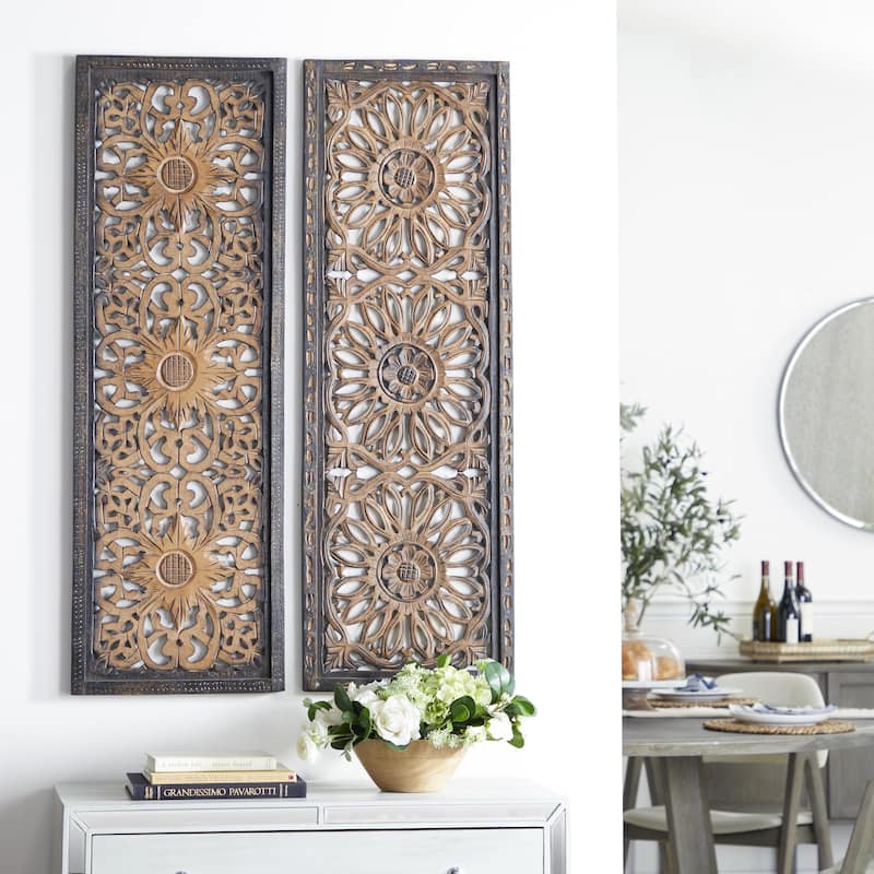 Wood Floral Handmade Intricately Carved Home Wall Decor - Set of 2 Brown - Roche River Decor