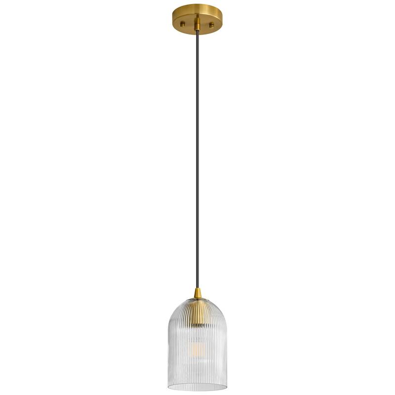 1-Light Modern Rustic Black/Gold Metal Island Pendant Light with Textured Grey/Clear Glass Bell Shade