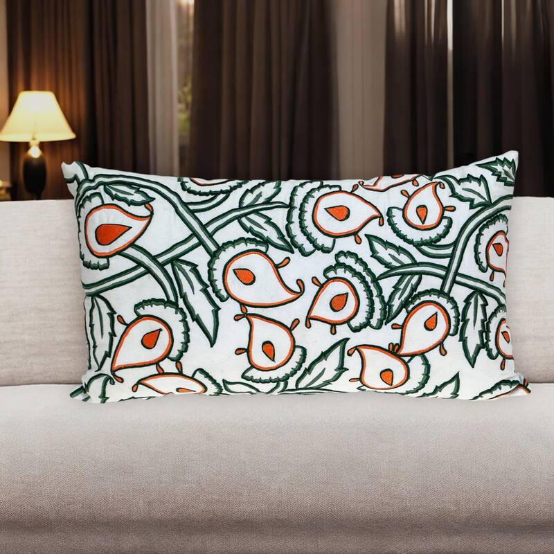 14" X 24" Green and White Cotton Lumbar Throw Pillow with Embroidery - Polyester - Single - 24.00 in. x 14.00 in.  x 6.00 in. - Pillow Sets - Green/White